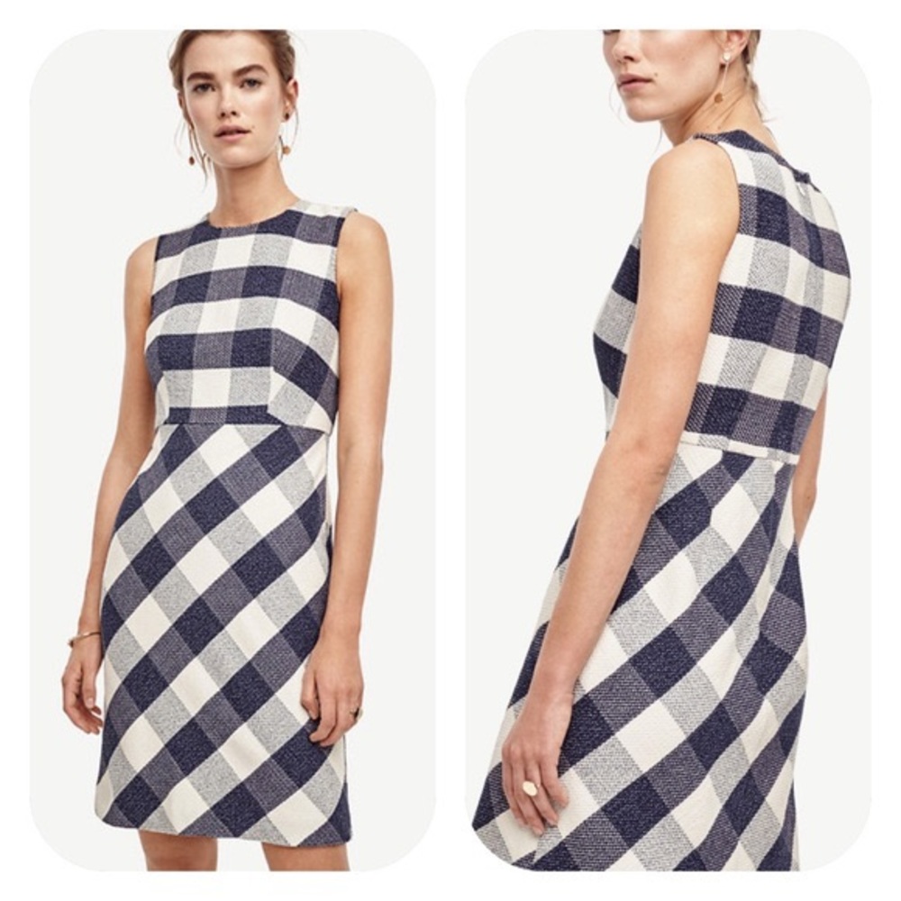Ann Taylor Blue and White Gingham Sheath Dress